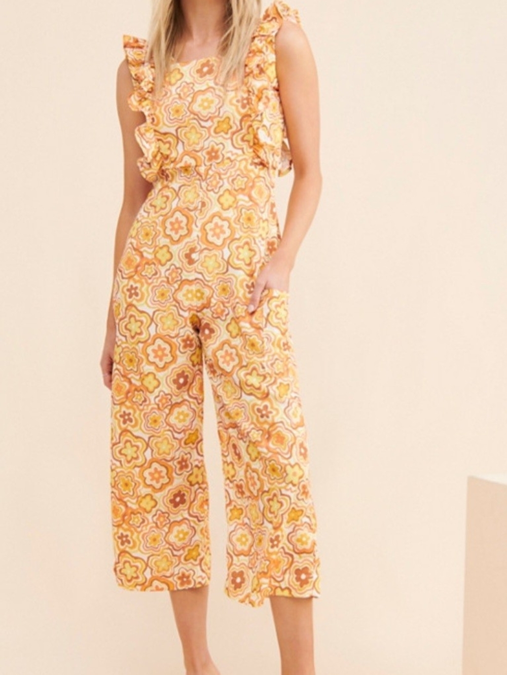 Dazey LA Yellow Floral Ruffle Sleeve Jumpsuit Size XS